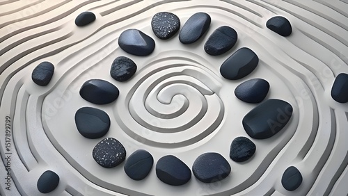 Zen garden, raked sand, stones, pebbles, spiral, concentric circles, ripples, meditation, tranquility, harmony, Japanese garden, dry landscape, karesansui, minimalist, spiritual, peace, balance, patte