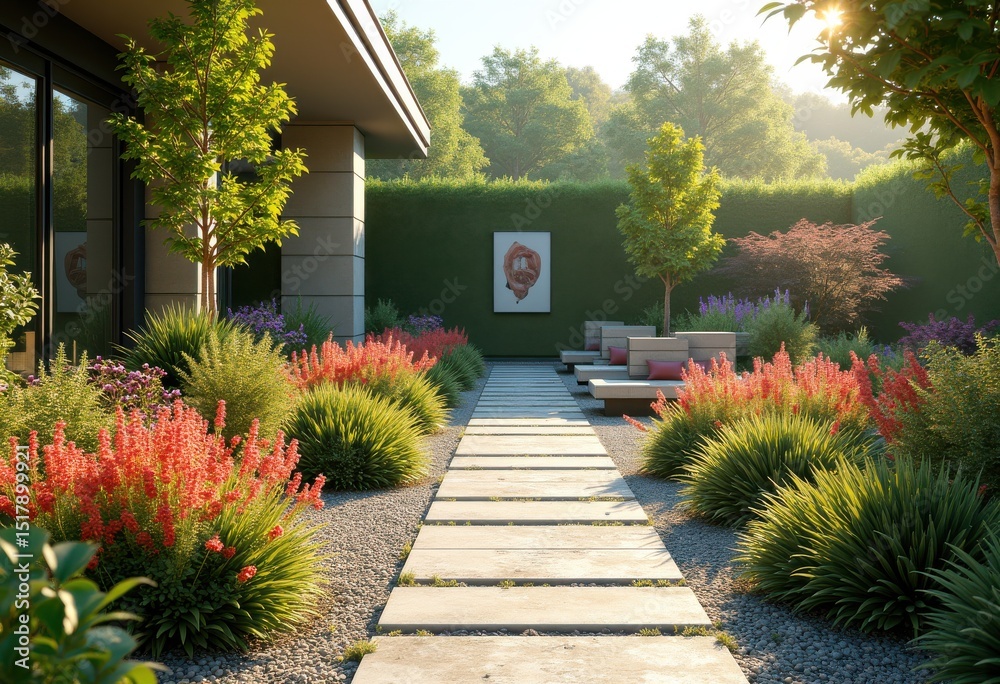 Naklejka premium vibrant native plants dynamic landscape design contemporary garden arrangement colorful flora fresh outdoor space, nature, layout, ecosystem, vegetation