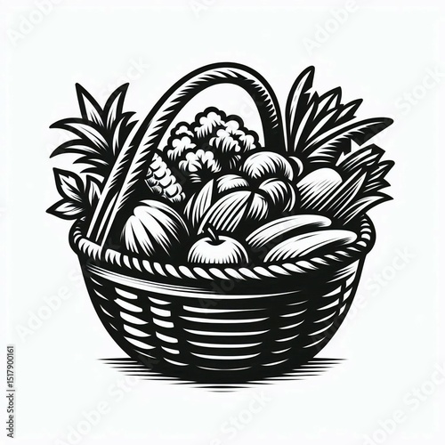 Black and white harvest basket illustration - great for digital content