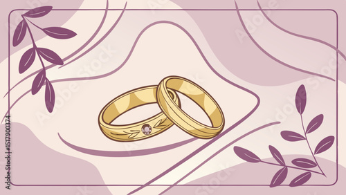 Two gold classic wedding rings lie on a chic satin fabric with soft pleats. wedding in pink and purple background. Layout for the designer and product advertising
