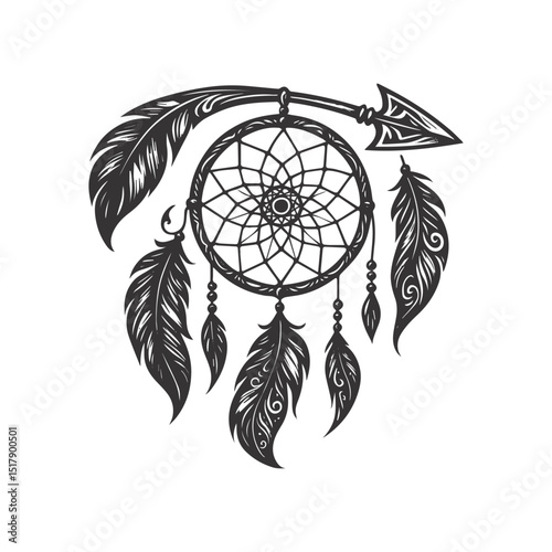 vintage style Tribal Dreamcatcher with Arrow and Feathers – Boho Style Tattoo or Print vector illustration