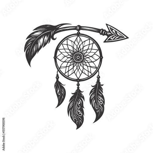 vintage style Tribal Dreamcatcher with Arrow and Feathers – Boho Style Tattoo or Print vector illustration