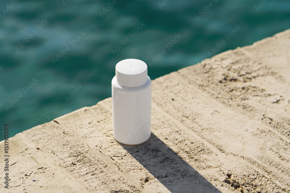 White mockup container with tablets placed on seaside rocks on sea background. Natural healing, dietary support, eco-pharmacy, clean healthcare concept. White mockup container with tablets placed on seaside rocks on sea background. Natural healing, dietary support, eco-pharmacy, clean healthcare concept.