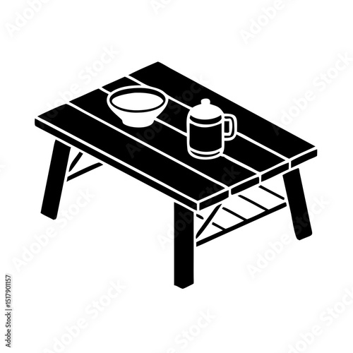 Isolated Camping Table with Bowl and Mug for Outdoor Cooking Blogs, Camping Websites, Hiking Articles, and Adventure Social Media Content  
