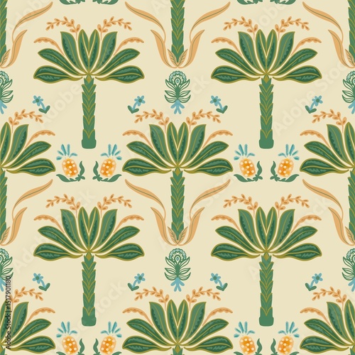 งานศิลปะที่ไม่มีชื่อ Tropical seamless pattern with hand drawn palm trees. Hawaiian florals summer background for fabric, textiles, clothing, poster, cover, decoration, banner, wallpaper, interior.