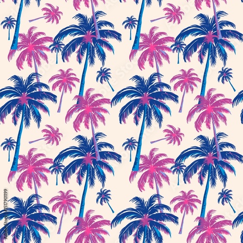 งานศิลปะที่ไม่มีชื่อ Tropical pattern with hand drawn palm trees