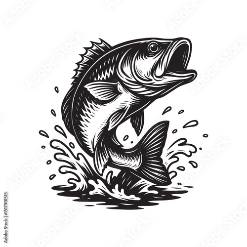 Black and white Largemouth big bass with leaping out of water vector illustration