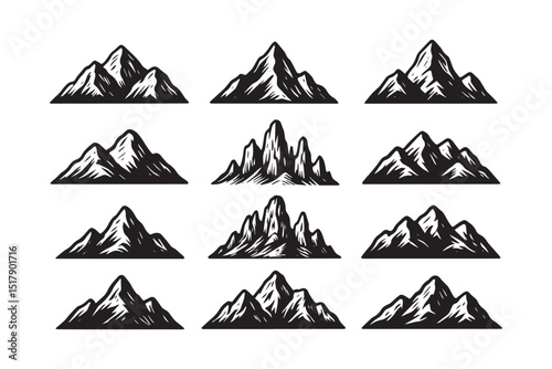 Set of vintage style hand drawn Mountain vector illustration