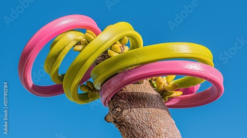A tree with a unique twist of colorful rings.