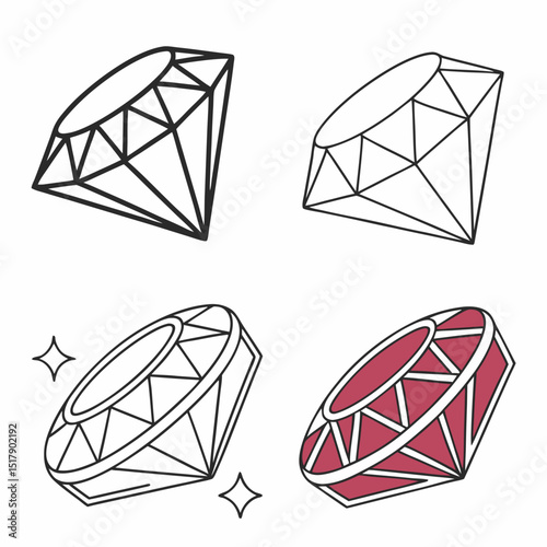 Set of different gemstones icons. Linear, black and white and color symbols of jewelry precious stones, diamond, rubies and luxury crystal. Outline flat vector collection isolated on white background