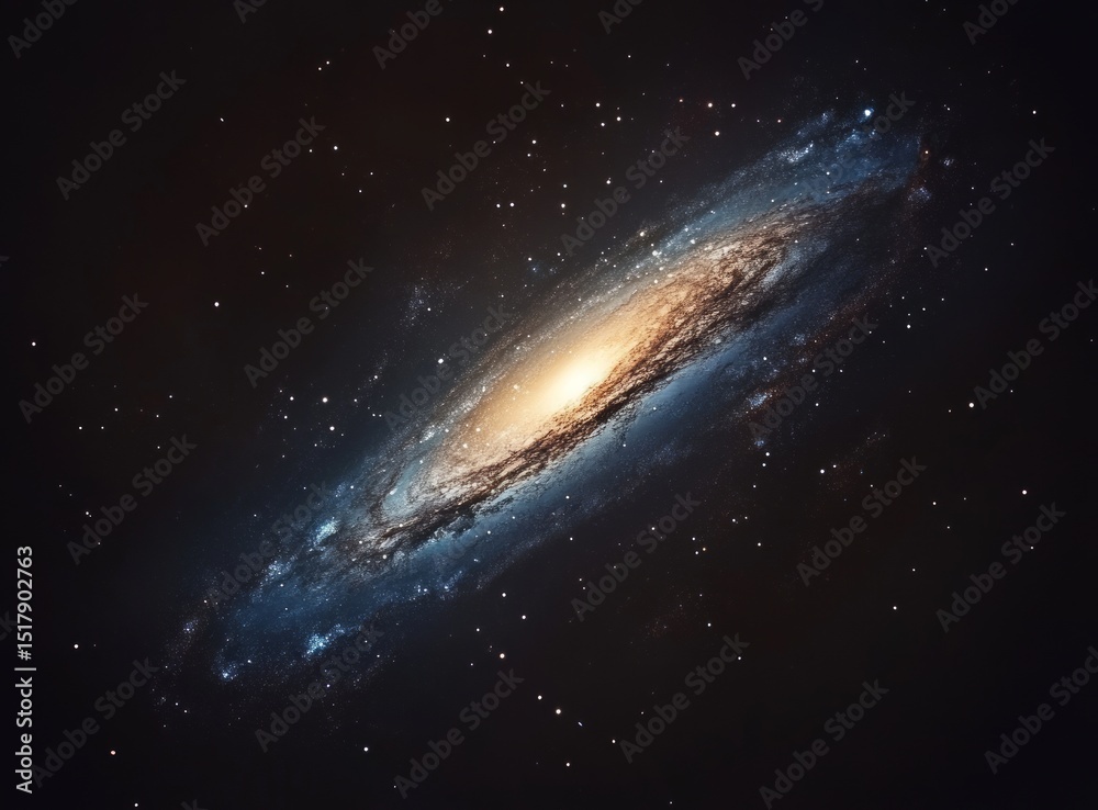 Fototapeta premium Spiral Galaxy in Dark Space with Blue and Gold Hues