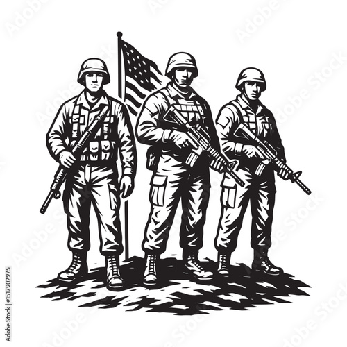 American Soldiers Standing with Flag – Patriotic Military Vector Illustration