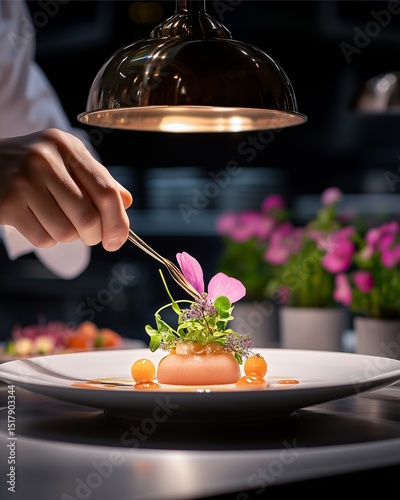 A high-end chef plating a futuristic melon-based dessert inside a Michelin-starred kitchen, with intense focus light from above casting stylized highlights on metallic surfaces 
