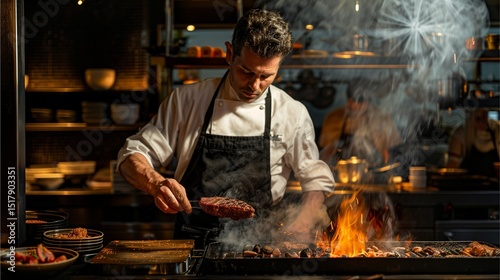 A professional grill scene with a chef flipping a medium-rare steak, the glowing coals and smoke adding depth and intensity