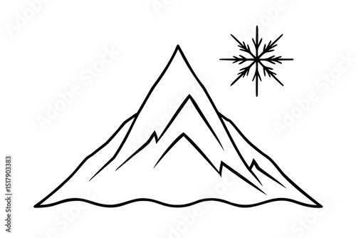 Snowy mountain peak winter landscape simple line art illustration