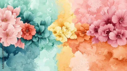 A vibrant floral arrangement in various shades of pink, orange, and yellow, with a textured background.