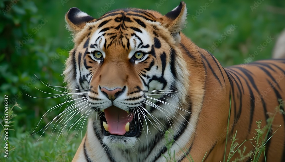 Obraz premium Majestic tiger resting in lush green habitat during the daylight, showcasing its striking features and vibrant fur pattern under natural sunlight Generative AI