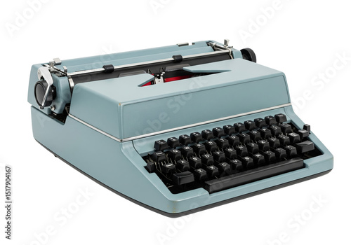 PNG cut out isolated background. A vintage light blue portable typewriter with black keys and a silver carriage is presented at an angle. 
