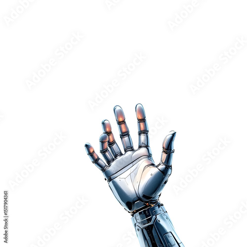 A metallic robot hand extending upwards against a stark black background in a futuristic style