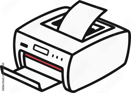 A printer holds a paper output tray open with buttons on the front