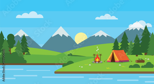 Flat Design Camping Scene with Tent Campfire Mountains and Lake