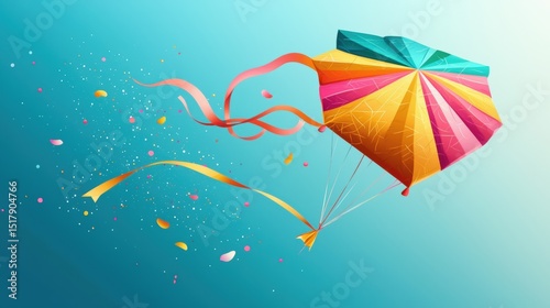 A kite with a rainbow of colors and a long tail flies in the sky.
