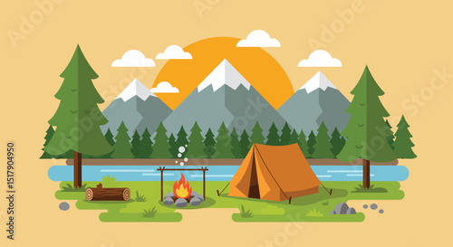 Camping Scene with Tent Campfire Mountains and Trees Illustration
