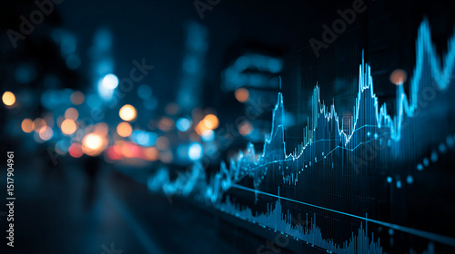 Close-up of glowing blue stock market graph on screen, blurred city lights background, representing financial data, market trends, and economic growth