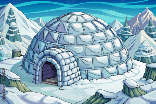 Cartoon vector of arctic landscape featuring an igloo ice house on snowy ground, surrounded by frozen scenery under a clear sky
