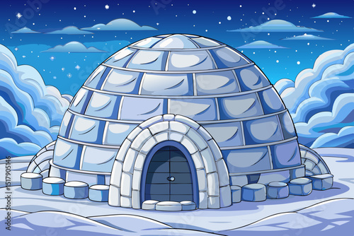 Cartoon vector of arctic landscape featuring an igloo ice house on snowy ground, surrounded by frozen scenery under a clear sky