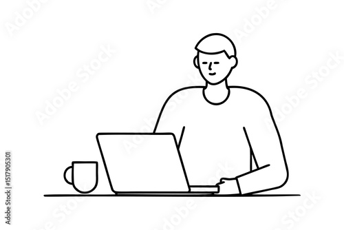 Man working on laptop computer at desk with coffee mug