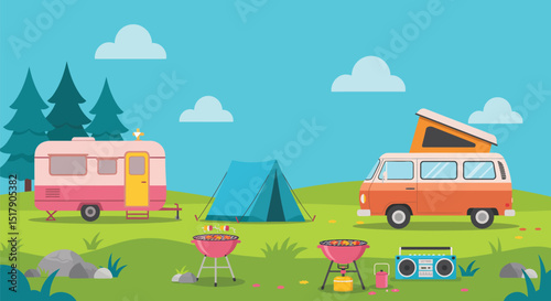 Cartoon Camping Scene with Camper Van Tent and Barbecue Grills