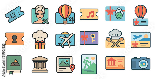 Gift and travel icon set featuring tickets, spa, and adventure elements