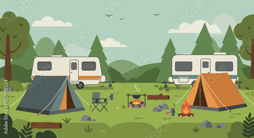 Camping Adventure with Trailers Tents and Campfires in Nature
