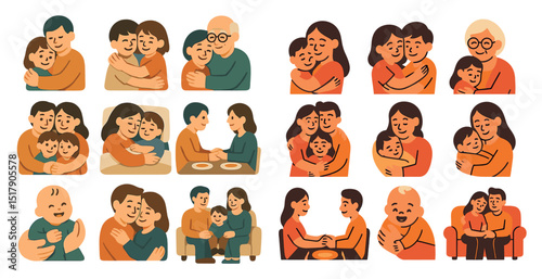 Family togetherness and diverse generations in illustrated scenes