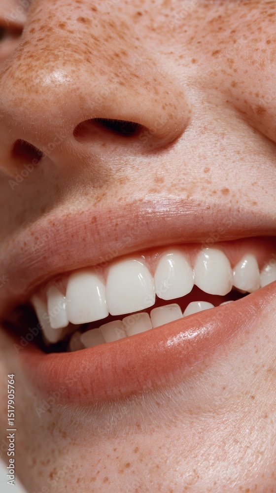 Obraz premium A cheerful close-up of a woman showcasing her bright smile and clear skin, radiating confidence and beauty in a natural way.