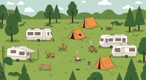 Camping Scene with Tents and Caravans in a Green Meadow