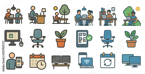 Creative office scenes and workspaces for collaboration and productivity design