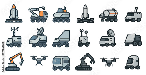 Futuristic space exploration vehicles and robots collection for design use