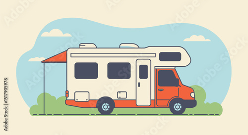Illustration of a Camper Van in Nature with Clouds