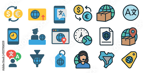 Global commerce and communication icons for web and app design