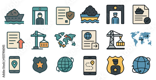 Global shipping and security icons for international trade and logistics design