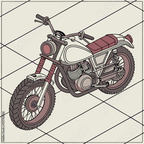 Isometric illustration of a vintage motorcycle on a gridded light background