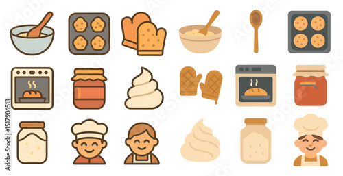 Baking icons set with chefs and kitchen utensils for cooking illustrations