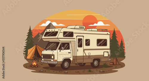 Retro Camper Van Camping in Nature with Tent and Campfire Illustration
