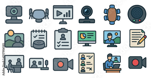 Video conference icons for meetings and communication design