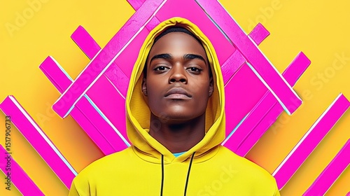 A man in a yellow hoodie stands against a bright yellow background with pink geometric shapes.