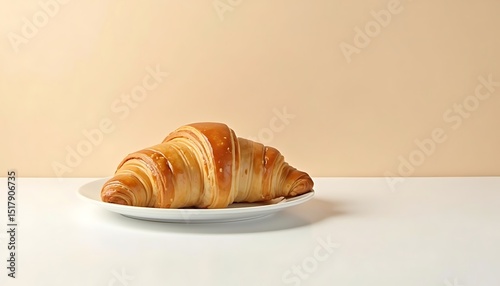 Perfectly golden croissant with empty space on a clean, light background, emphasizing its fresh and flaky texture