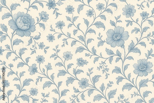 Wallpaper Mural Elegant Blue Floral Pattern Vintage-Inspired Cream Background Torontodigital.ca