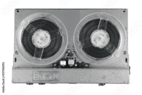 Halftone Cutout Vintage reel to reel tape recorder trendy vector illustration.